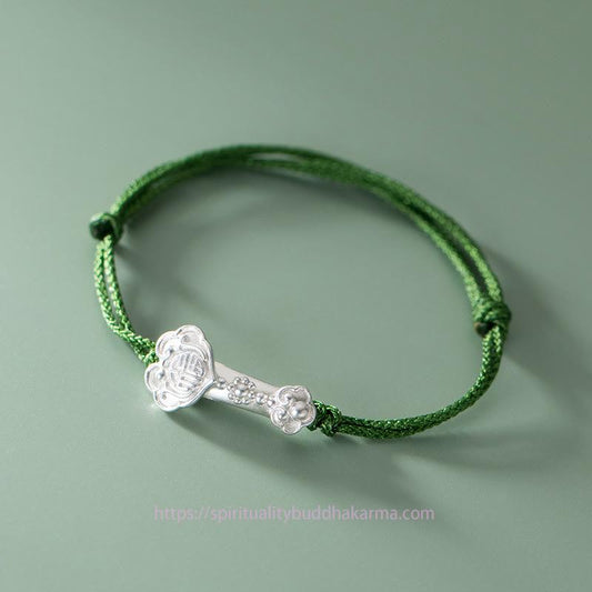 Tibetan Knot Protection Handmade 999 Sterling Silver Fu Character Wish Ruyi Handle Luck Braided Green Rope Bracelet