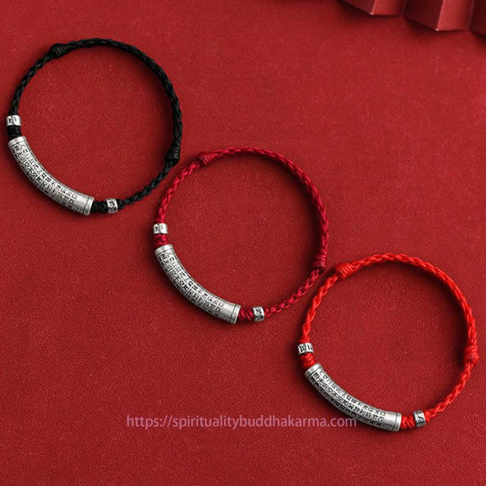 Tibetan Knot Protection Handmade 999 Sterling Silver Om Mani Padme Hum Heart Sutra Carved Luck Rope Bracelet Anklet