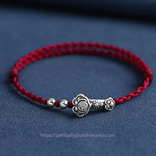 Tibetan Knot Protection Handmade 999 Sterling Silver Fu Character Wish Ruyi Handle Fortune Rope Bracelet Anklet