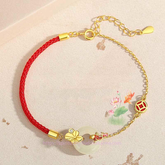 Tibetan Knot Protection Handmade 925 Sterling Silver Hetian Jade Chinese Goldfish Peace Buckle Red Rope Bracelet