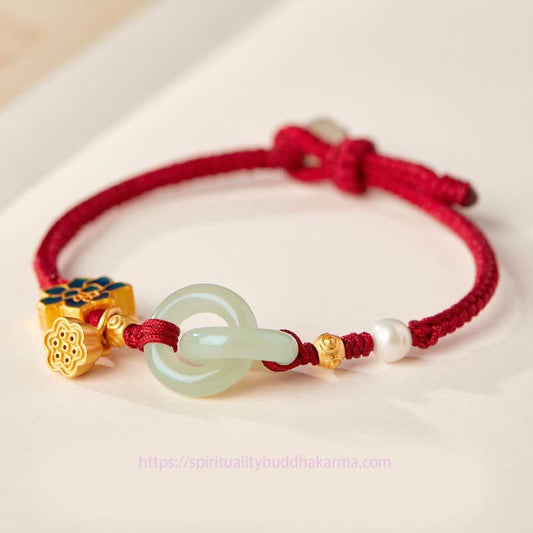 Tibetan Knot Protection Hetian Jade Lotus Peace Buckle Braided Rope Fortune Bracelet