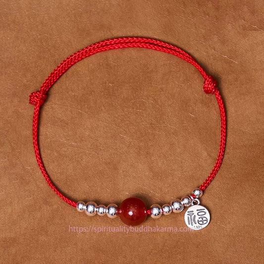 Tibetan Knot Protection Handmade 925 Sterling Silver Fu Character Red Agate Fortune Braided Ultra-Thin Rope Bracelet