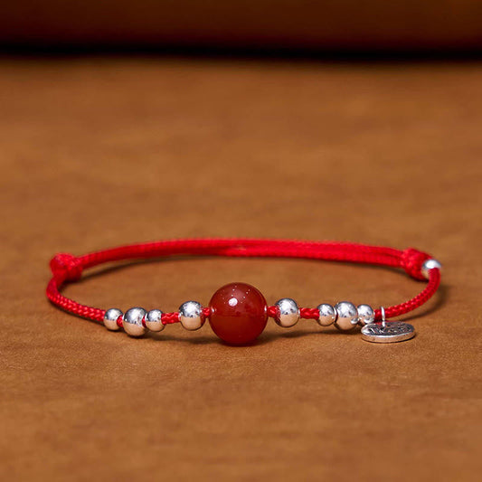 Tibetan Knot Protection Handmade 925 Sterling Silver Fu Character Red Agate Fortune Braided Ultra-Thin Rope Bracelet
