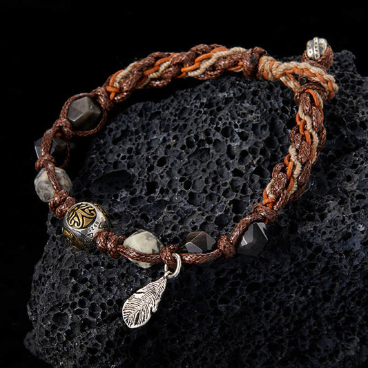 Tibetan Knot Protection Retro 925 Sterling Silver Silver Sheen Obsidian Transport Rope Handmade Braided Bracelet