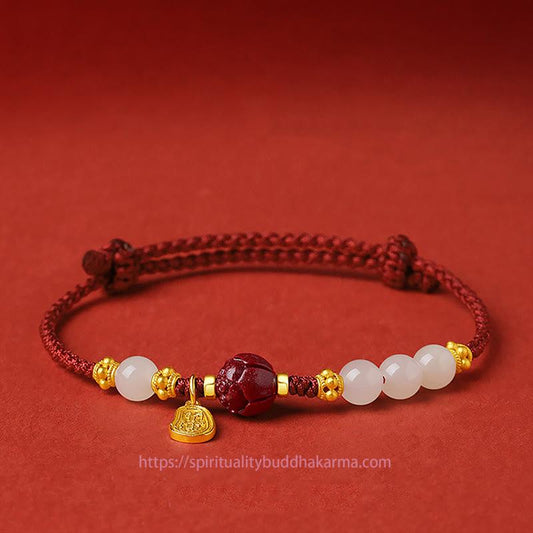 Tibetan Knot Protection Fu Character Jade Cinnabar 24K Gold Plated Luck Red String Bracelet