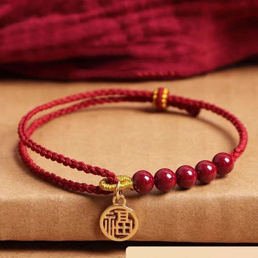 Tibetan Knot Protection Cinnabar Fu Character Beads Blessing Red String Handmade Braided Bracelet