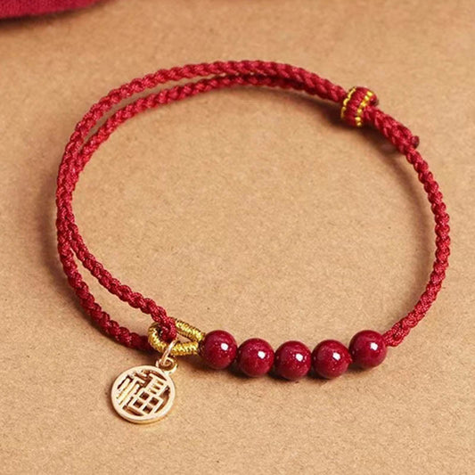 Tibetan Knot Protection Cinnabar Fu Character Beads Blessing Red String Handmade Braided Bracelet