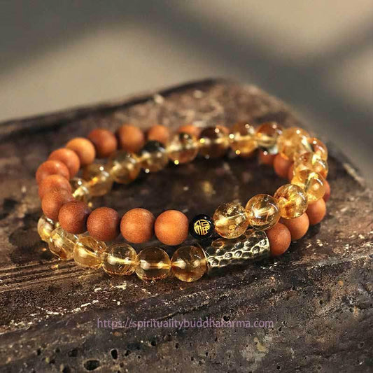 Golden Energy Citrine Wealth Solar Plexus Chakra (Third Chakra) Sandalwood Bodhi Seed Protection Double Wrap Bracelet
