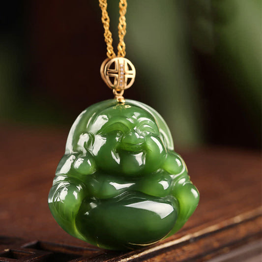 Buddha Energy Necklace 925 Sterling Silver Laughing Buddha Hetian Cyan Jade 18K Gold Success Necklace Chain Pendant