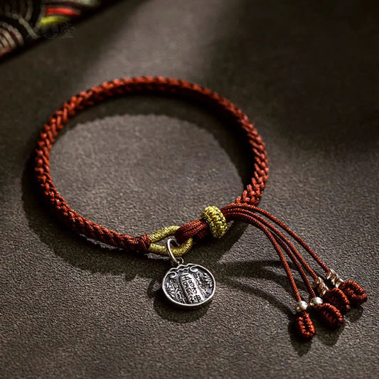 Ancient Tibetan Buddhist Red String Tradition Handmade 925 Sterling Silver Five Directions Gods of Wealth Luck Protection String Braid Bracelet