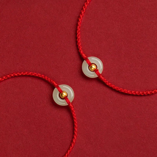Ancient Tibetan Buddhist Red String Tradition 999 Gold Bead Round Peace Buckle Hetian Jade Luck Abundance Braided Bracelet Anklet