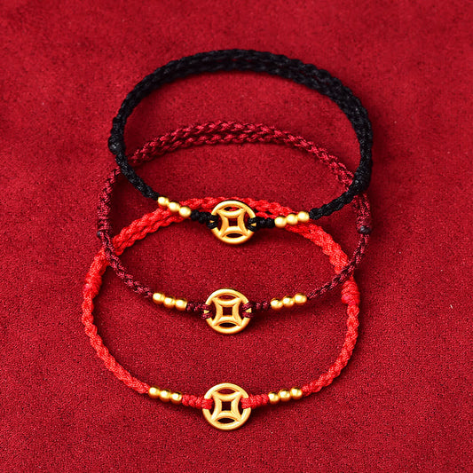 Ancient Tibetan Buddhist Red String Tradition Copper Coin Strength Braided String Bracelet Anklet
