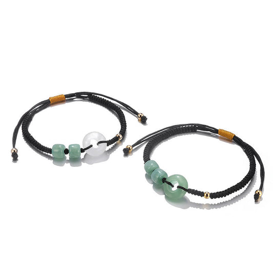 Ancient Tibetan Buddhist Red String Tradition 2Pcs Green Aventurine White Jade Peace Buckle Luck Braided Couple Bracelet