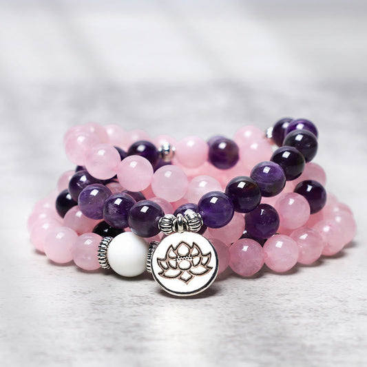 Spirituality Natural Rose Quartz & Amethyst Mala Bead Lotus Pendant Bracelet