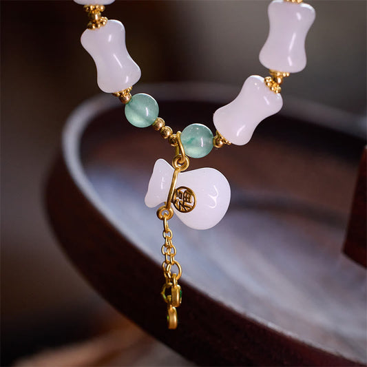 Jade Natural White Golden Silk Jade Bamboo Pattern Wealth Lucky Bag Fu Character Bracelet
