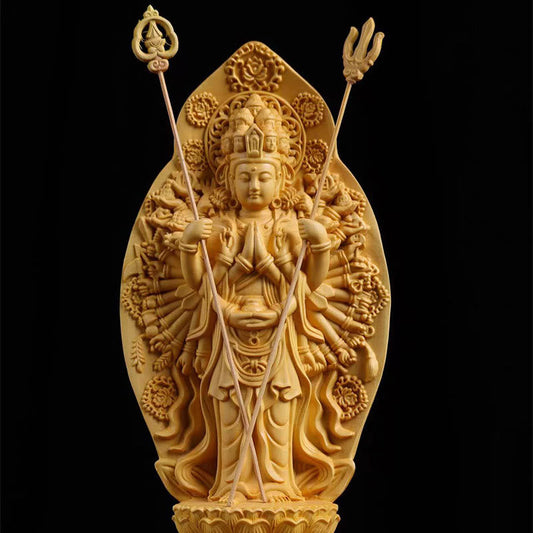 Spirituality Handmade Thousand-armed Avalokitesvara Kwan Yin Bodhisattva Statue Boxwood Abundance Home Decoration