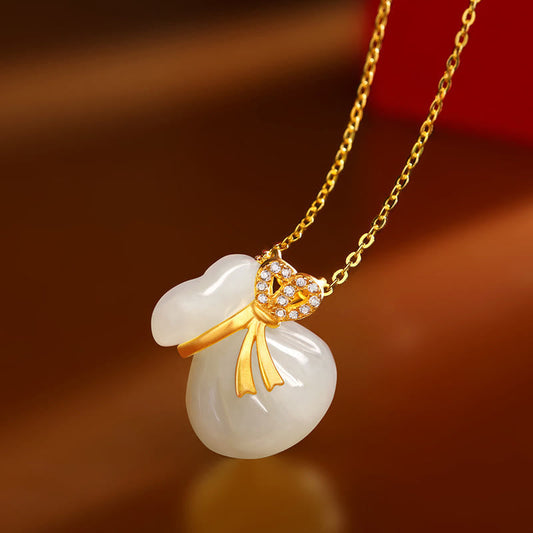 Jade Natural Hetian White Jade Luck Money Bag Necklace Pendant