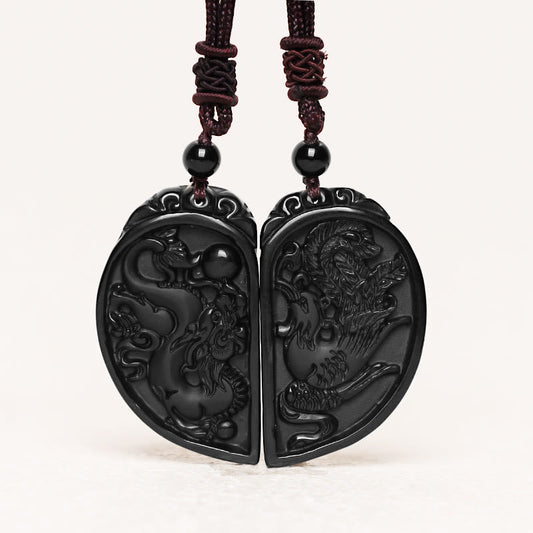 Spirituality Buddha Karma Black Obsidian Love Dragon Phoenix Protection Necklace Pendant