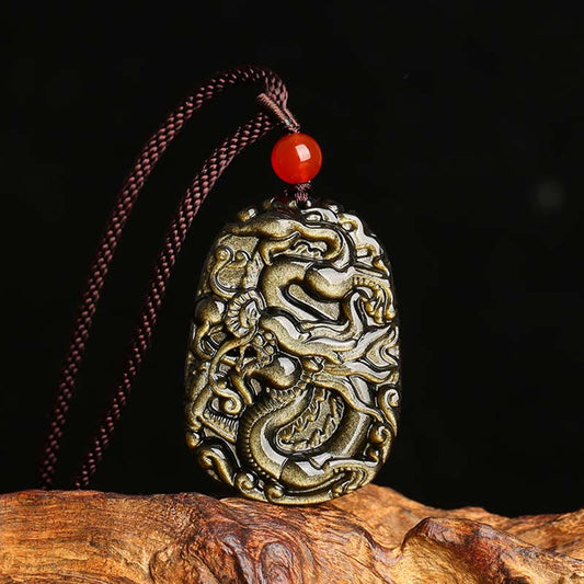 Spirituality Buddha Karma Gold Sheen Obsidian Dragon Pattern Success Necklace Pendant