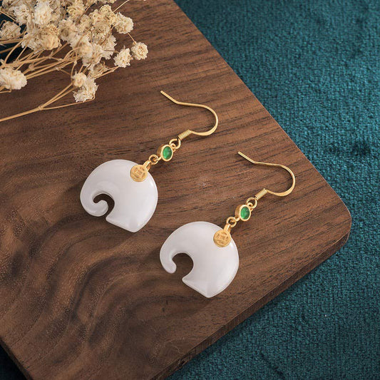 Jade FengShui Elephant White Jade Fortune Earrings