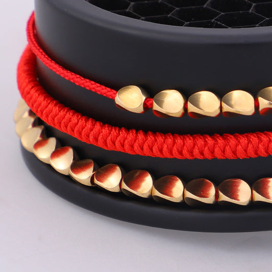 Tibetan Red String Vajra Knot Bracelet Set - Wealth, Prosperity & Spiritual Protection with Golden Beads