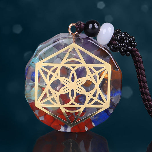 058 Crystal Energy Polygon Pendant : Sacred Geometry Flower of Life and Resin Combined Energy Gem Necklace