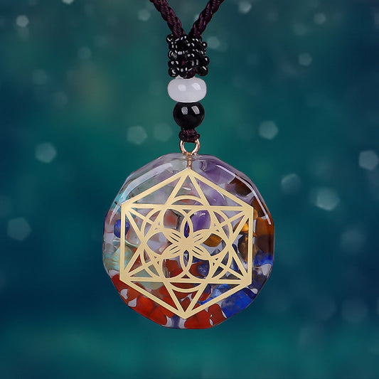058 Crystal Energy Polygon Pendant : Sacred Geometry Flower of Life and Resin Combined Energy Gem Necklace