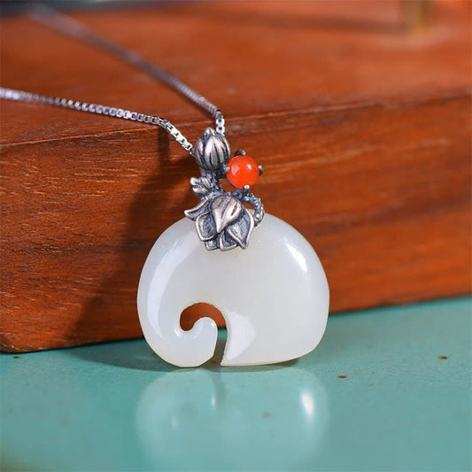 Jade White Jade Elephant Lotus Protection Necklace Pendant