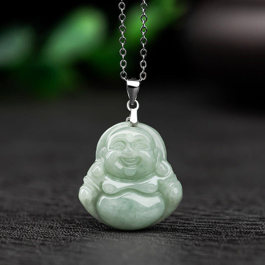 Buddha Energy Necklace 925 Sterling Silver Laughing Buddha Jade Blessing Necklace Chain Pendant