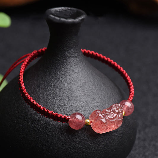Ancient Tibetan Buddhist Red String Tradition Natural Strawberry Quartz PiXiu Lucky Red String Bracelet