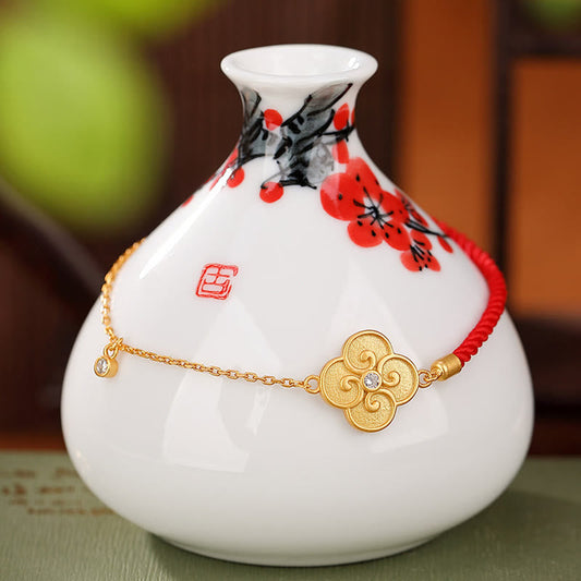 Ancient Tibetan Buddhist Red String Tradition 925 Sterling Silver Plated Gold Four Leaf Clover Zircon Luck Bracelet