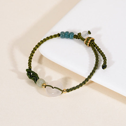 Ancient Tibetan Buddhist Red String Tradition 925 Sterling Silver White Chalcedony Peace Buckle Jade Positive Braided Bracelet