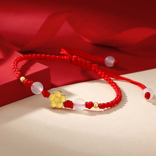 Ancient Tibetan Buddhist Red String Tradition Handmade 925 Sterling Silver Peach Blossom Cherry Sakura Chalcedony Bead Luck Red Rope Bracelet