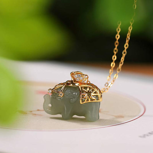 Jade 925 Sterling Silver Jade Elephant Blessing Fortune Necklace Chain Pendant