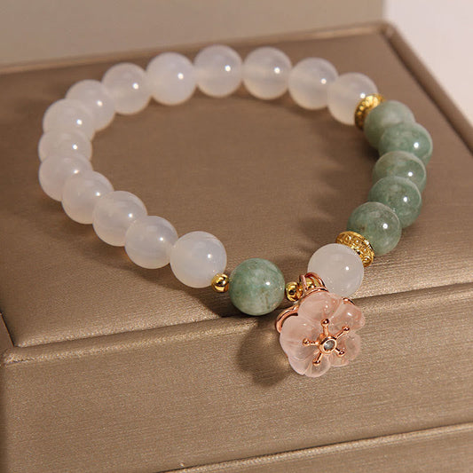 Spirituality Buddha Karmat White Agate Jade Flower Charm Luck Protection Bracelet
