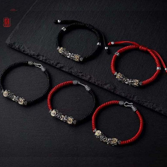 Ancient Tibetan Buddhist Red String Tradition 925 Sterling Silver PiXiu Prosperity String Braided Bracelet