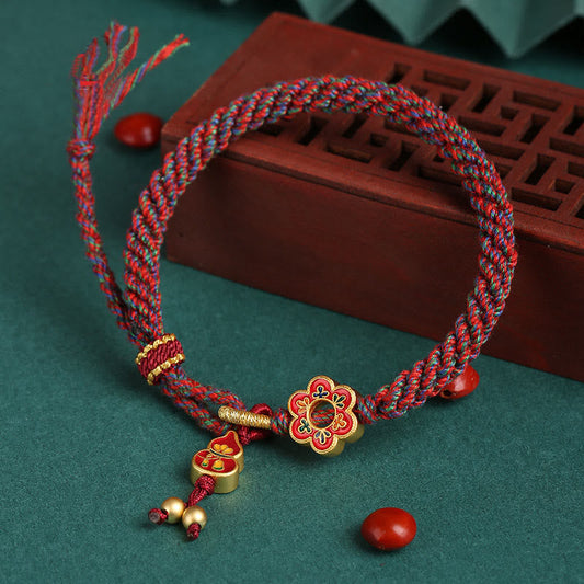 Ancient Tibetan Buddhist Red String Tradition Handmade Colorful Gourd Flower Protection Braided String Bracelet
