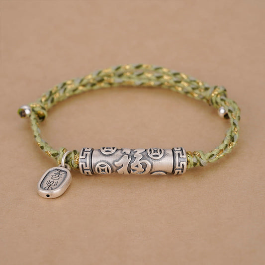 Ancient Tibetan Buddhist Red String Tradition 999 Sterling Silver Fu Character Copper Coin Design Fortune Bracelet