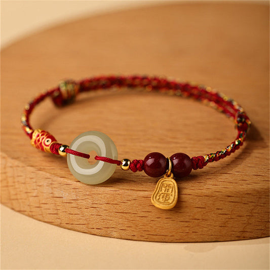 Ancient Tibetan Buddhist Red String Tradition 925 Sterling Silver Koi Fish Hetian Jade Peace Buckle Luck Bracelet