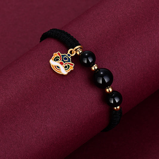 Ancient Tibetan Buddhist Red String Tradition Handmade Black Onyx Bead Dancing Lion Fortune Bracelet