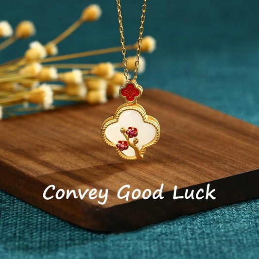 Jade 24K Gold Plated White Jade Four Leaf Clover Plum Blossom Luck Necklace Pendant Earrings