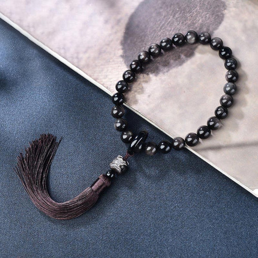 Spirituality Buddha Karma Natural Silver Sheen Obsidian Lion Wrist Mala Protection Tassels Pocket Mala Car Decoration