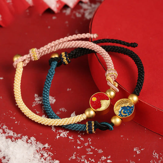 Ancient Tibetan Buddhist Red String Tradition Handmade Mountain and Sea Engraved Luck Two-Color String Couple Bracelet