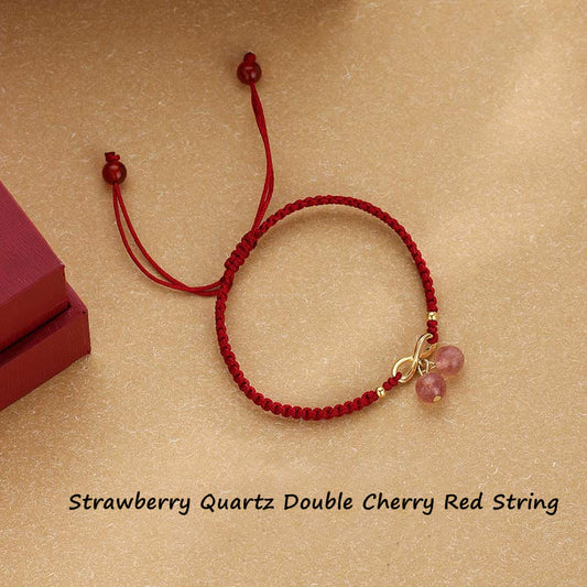 Ancient Tibetan Buddhist Red String Tradition Strawberry Quartz Crystal Endless Knot Love Healing Red String Weave Bracelet
