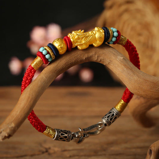 Ancient Tibetan Buddhist Red String Tradition 999 Gold PiXiu Om Mani Padme Hum Wealth String Braided Couple Bracelet