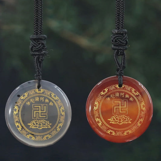 Spirituality Buddha Karma Swastika Lotus Pattern Natural Various Crystal Black Obsidian Purification Necklace Pendant