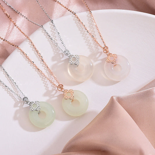 Jade 925 Sterling Silver Natural Hetian White Jade Chalcedony Coin Peace Buckle Luck Necklace Pendant