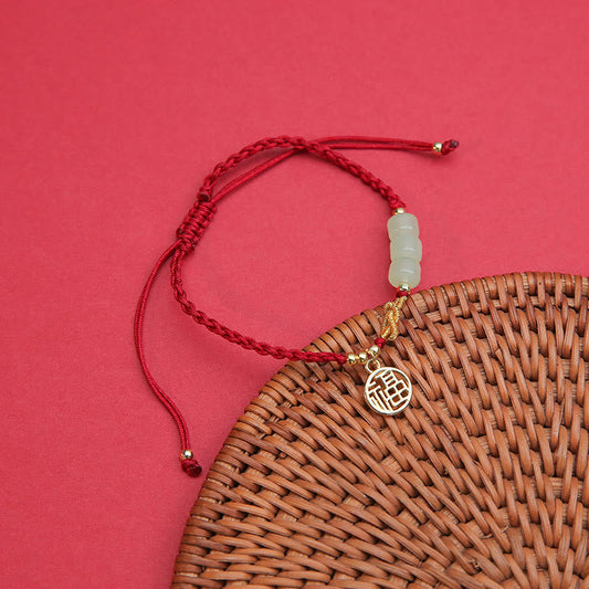Jade Handcrafted Jade Bead Fu Character Charm Luck Red Rope Bracelet