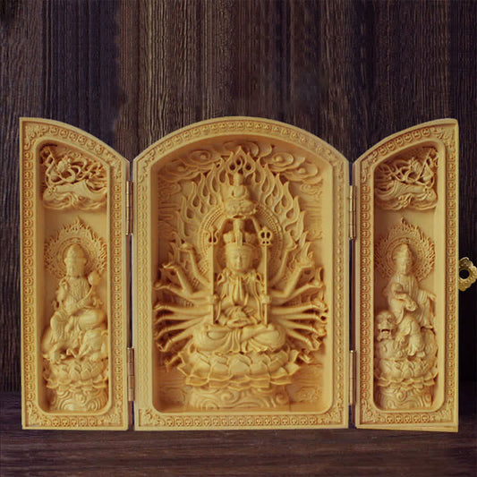 Spirituality Thousand-armed Avalokitesvara Kwan Yin Buddha Boxwood Wealth Home Decoration Altar