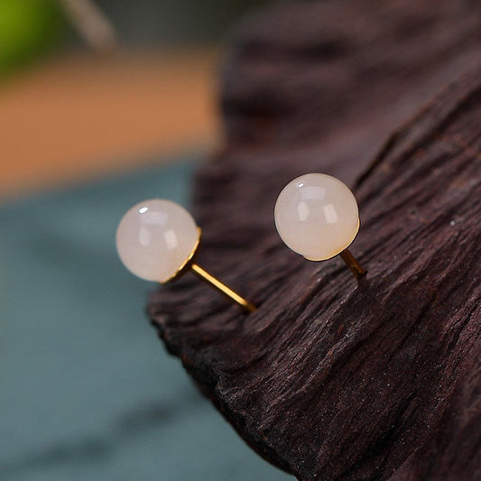 Jade 925 Sterling Silver Round White Jade Blessing Stud Earrings